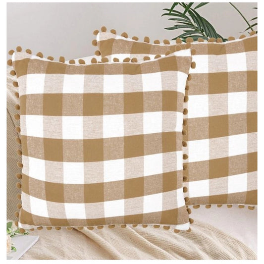 Amfyn Pack Of_2 Cotton Checkered Cushion Cover With Pom Pom (Beige, Size: 20x20 In)