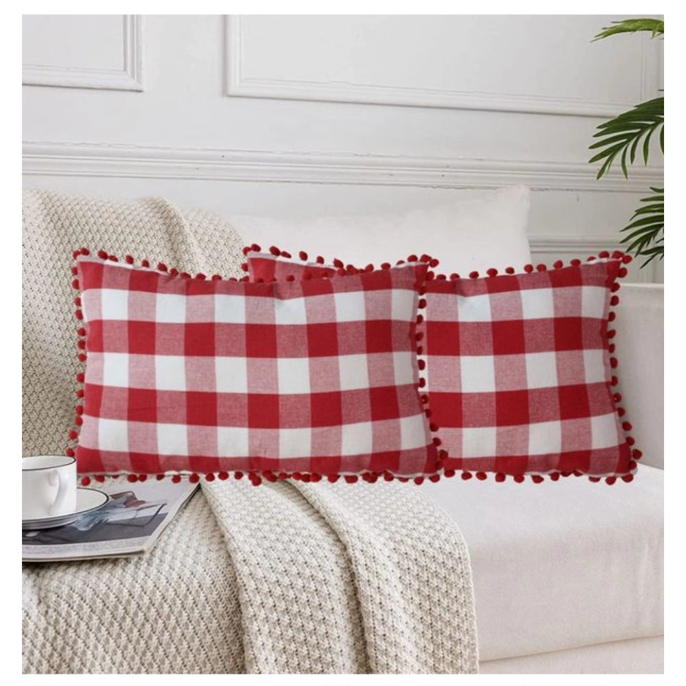 Amfyn Pack Of_2 Cotton Checkered Cushion Cover With Pom Pom (Red, Size: 12x20 In)