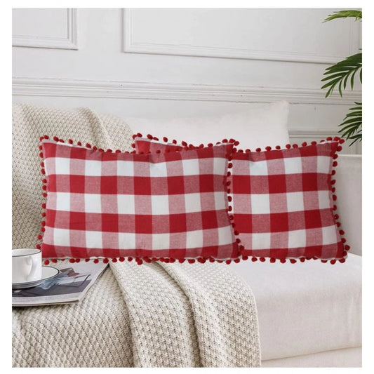 Amfyn Pack Of_2 Cotton Checkered Cushion Cover With Pom Pom (Red, Size: 12x20 In)