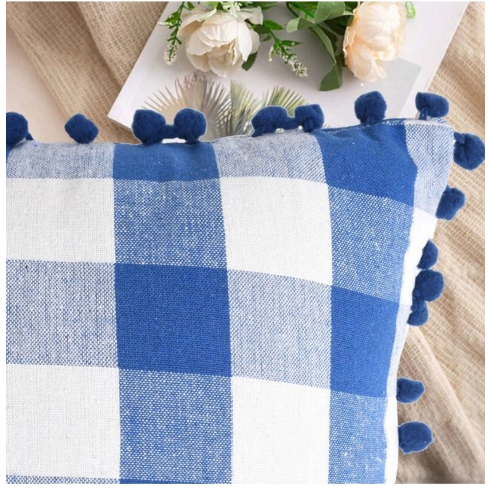 Amfyn Pack Of_2 Cotton Checkered Cushion Cover With Pom Pom (Blue, Size: 12x20 In)