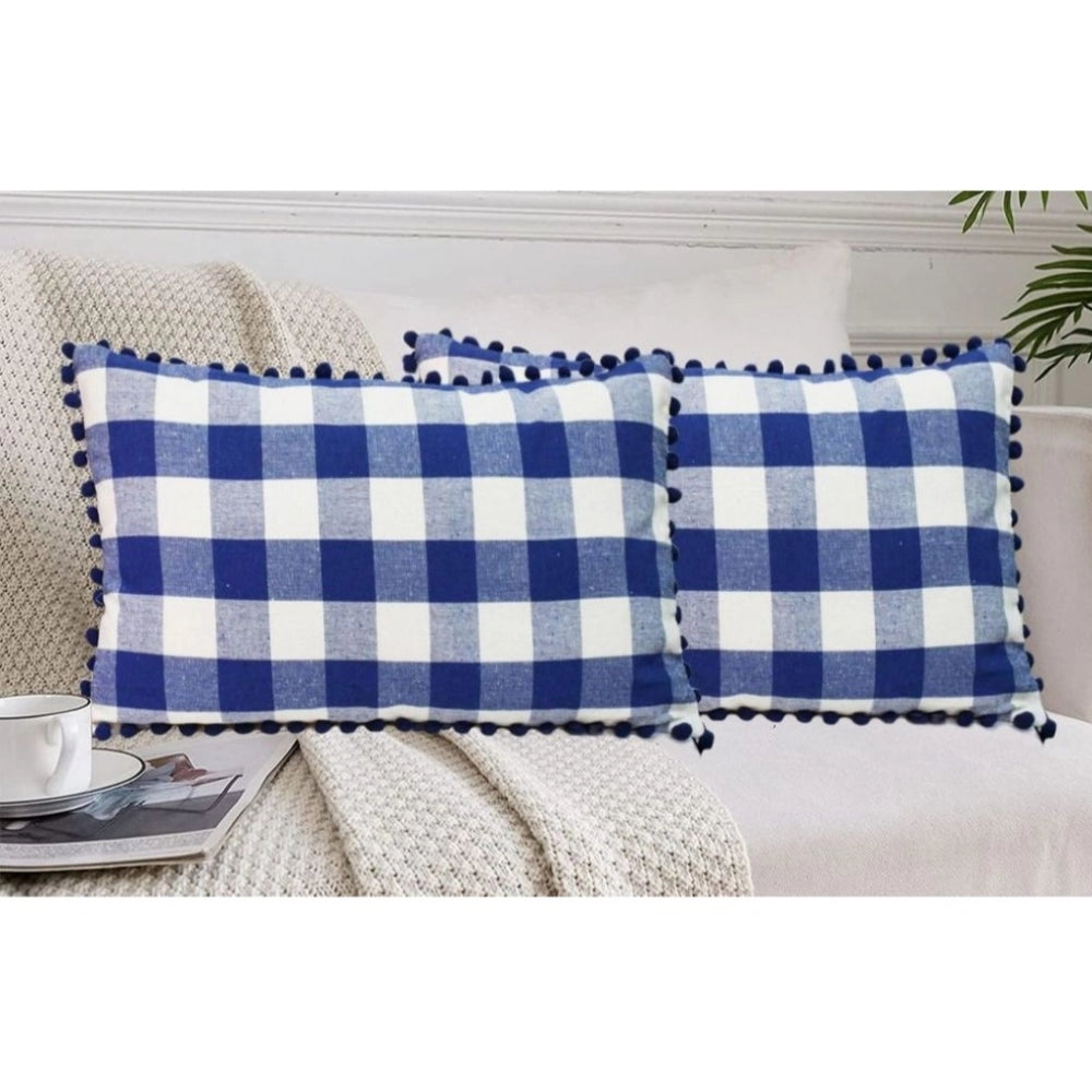 Amfyn Pack Of_2 Cotton Checkered Cushion Cover With Pom Pom (Blue, Size: 12x20 In)