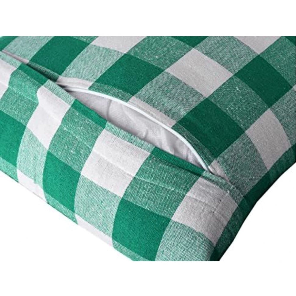 Amfyn Pack Of_4 Cotton Checkered Cushion Cover With Pom Pom (Green, Size: 16x16 In)