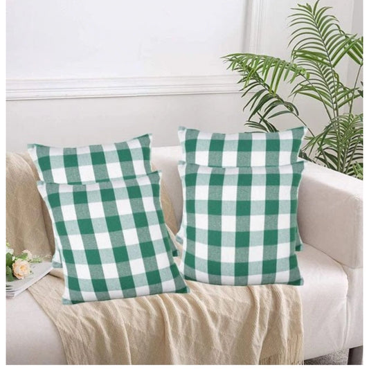 Amfyn Pack Of_4 Cotton Checkered Cushion Cover With Pom Pom (Green, Size: 16x16 In)