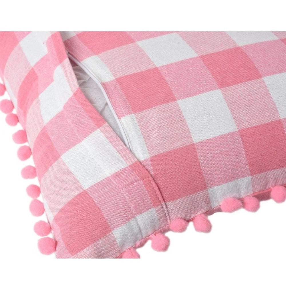 Amfyn Pack Of_2 Cotton Checkered Cushion Cover With Pom Pom (Baby Pink, Size: 18x18 In)