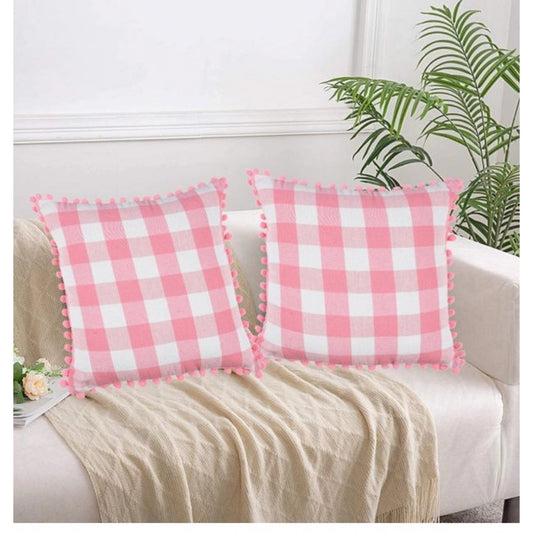 Amfyn Pack Of_2 Cotton Checkered Cushion Cover With Pom Pom (Baby Pink, Size: 18x18 In)