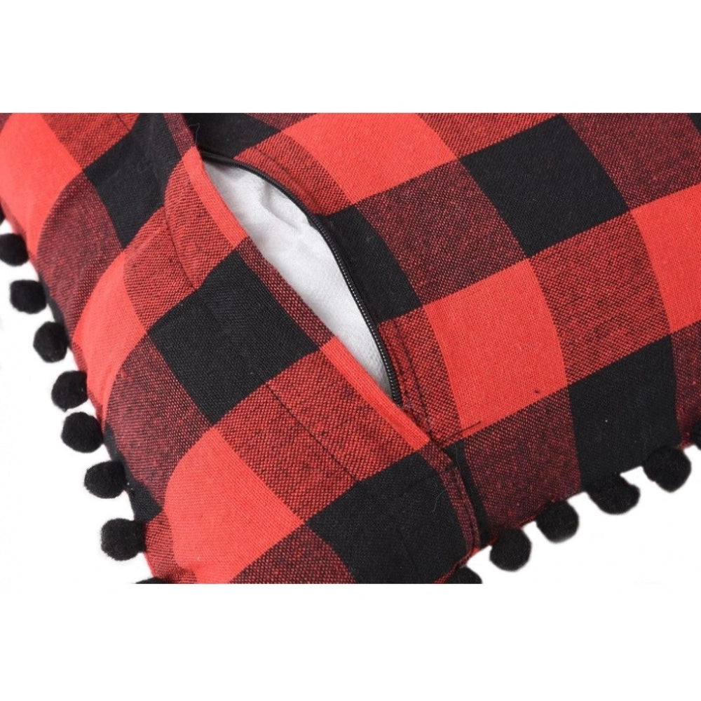 Amfyn Pack Of_2 Cotton Checkered Cushion Cover With Pom Pom (Red &amp; Black, Size: 12x20 In)