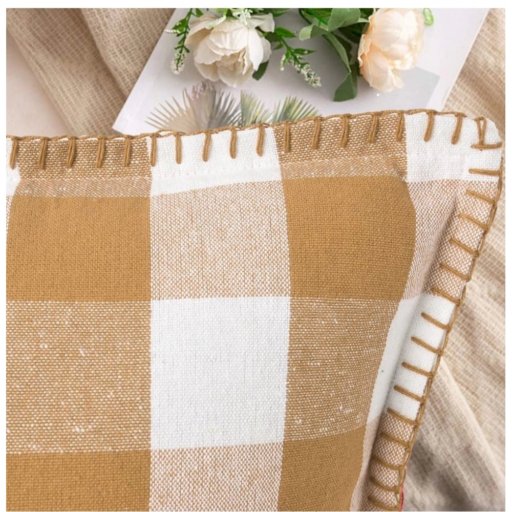 Amfyn Pack Of_2 Cotton Checkered Cushion Cover With Blanket Stitch (Beige, Size: 12x20 In)