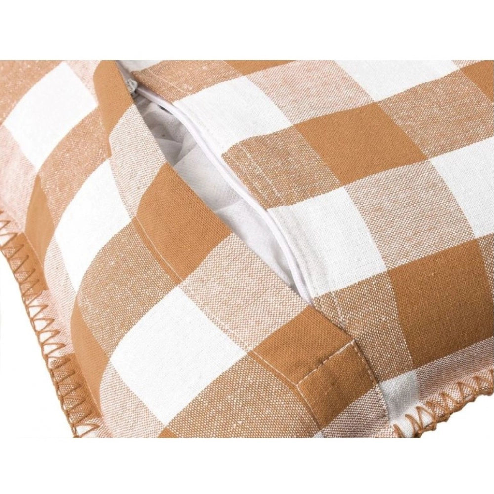 Amfyn Pack Of_2 Cotton Checkered Cushion Cover With Blanket Stitch (Beige, Size: 24x24 In)
