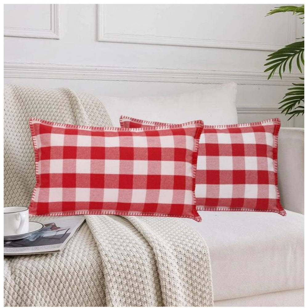 Amfyn Pack Of_2 Cotton Checkered Cushion Cover With Blanket Stitch (Red &amp; White, Size: 12x20 In)
