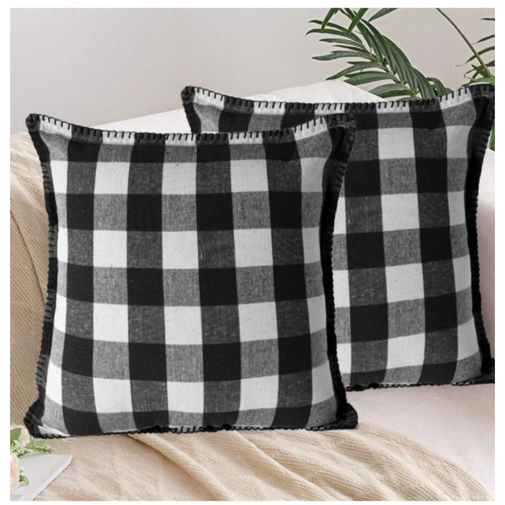 Amfyn Pack Of_2 Cotton Checkered Cushion Cover With Blanket Stitch (Black &amp; White, Size: 18x18 In)