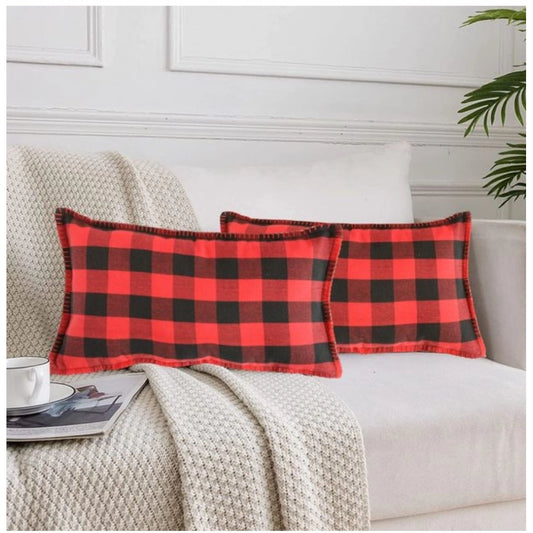 Amfyn Pack Of_2 Cotton Checkered Cushion Cover With Blanket Stitch (Red &amp; Black, Size: 12x20 In)
