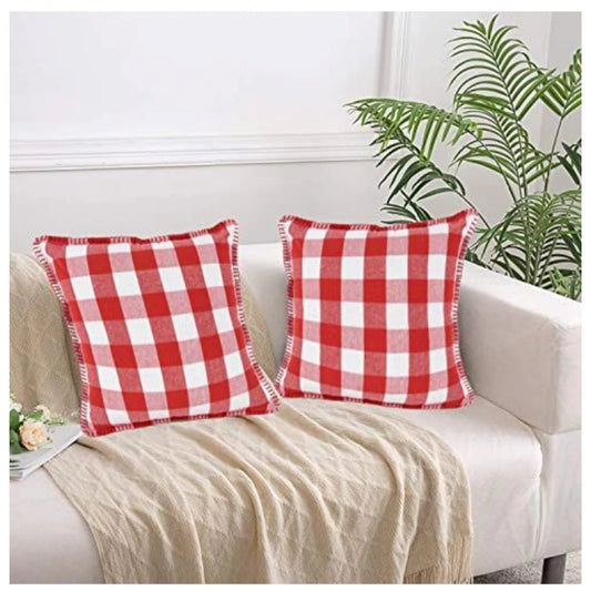 Amfyn Pack Of_2 Cotton Checkered Cushion Cover With Blanket Stitch (Red, Size: 18x18 In)