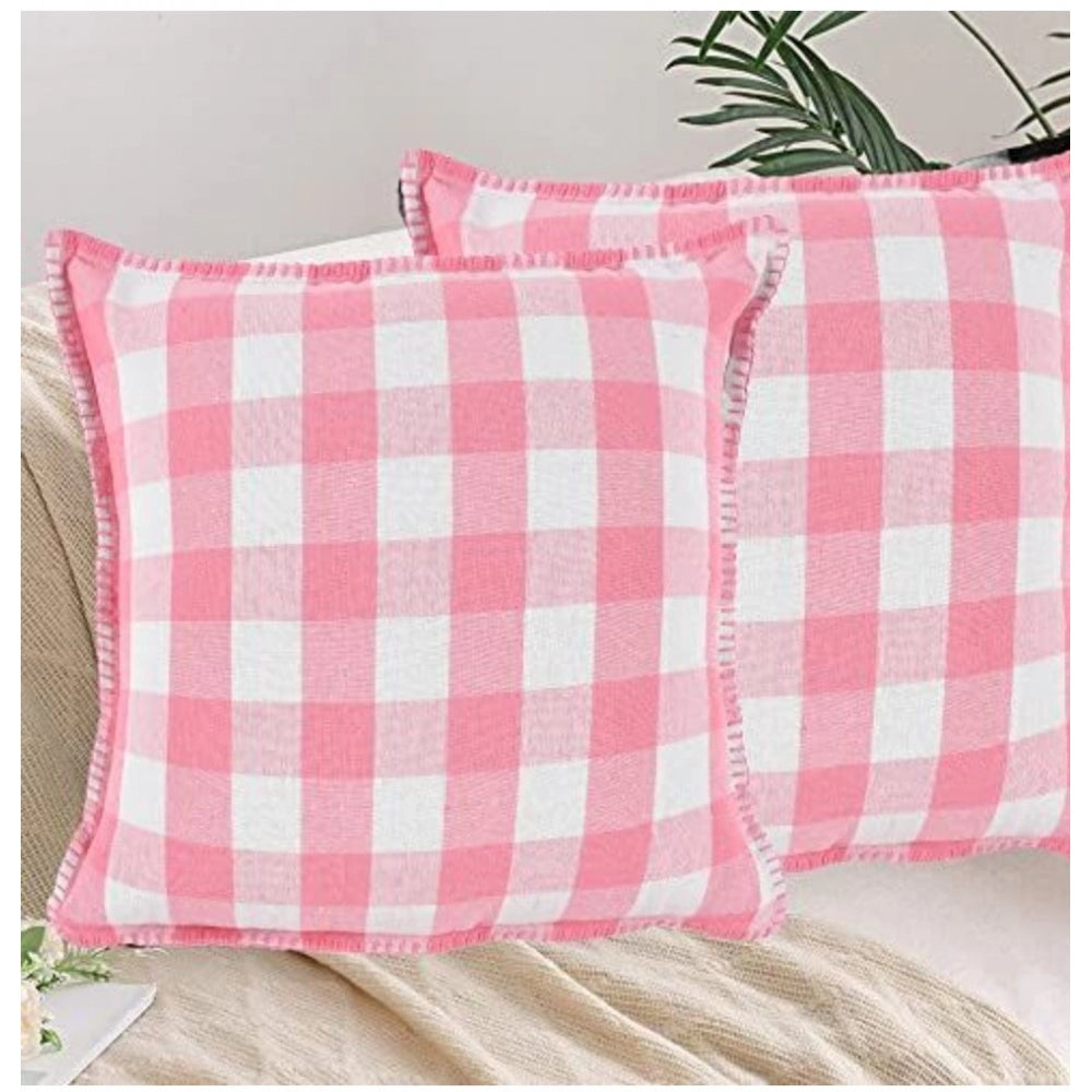 Amfyn Pack Of_2 Cotton Checkered Cushion Cover With Blanket Stitch (Baby Pink, Size: 16x16 In)