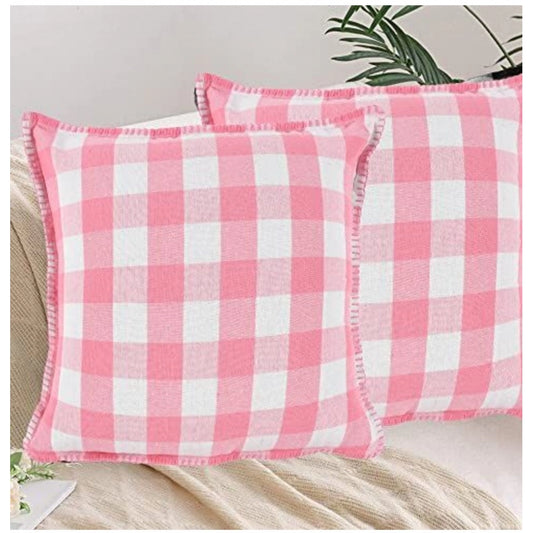 Amfyn Pack Of_2 Cotton Checkered Cushion Cover With Blanket Stitch (Baby Pink, Size: 16x16 In)