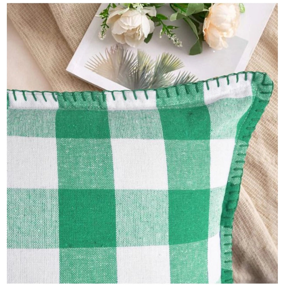 Amfyn Pack Of_2 Cotton Checkered Cushion Cover With Blanket Stitch (Green, Size: 18x18 In)