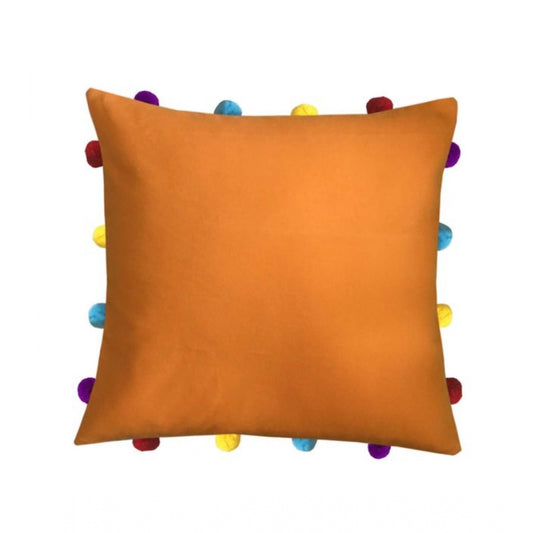 Amfyn Cotton Solid Pom Pom Cushion Covers (Orange, Size: 14x14 In)