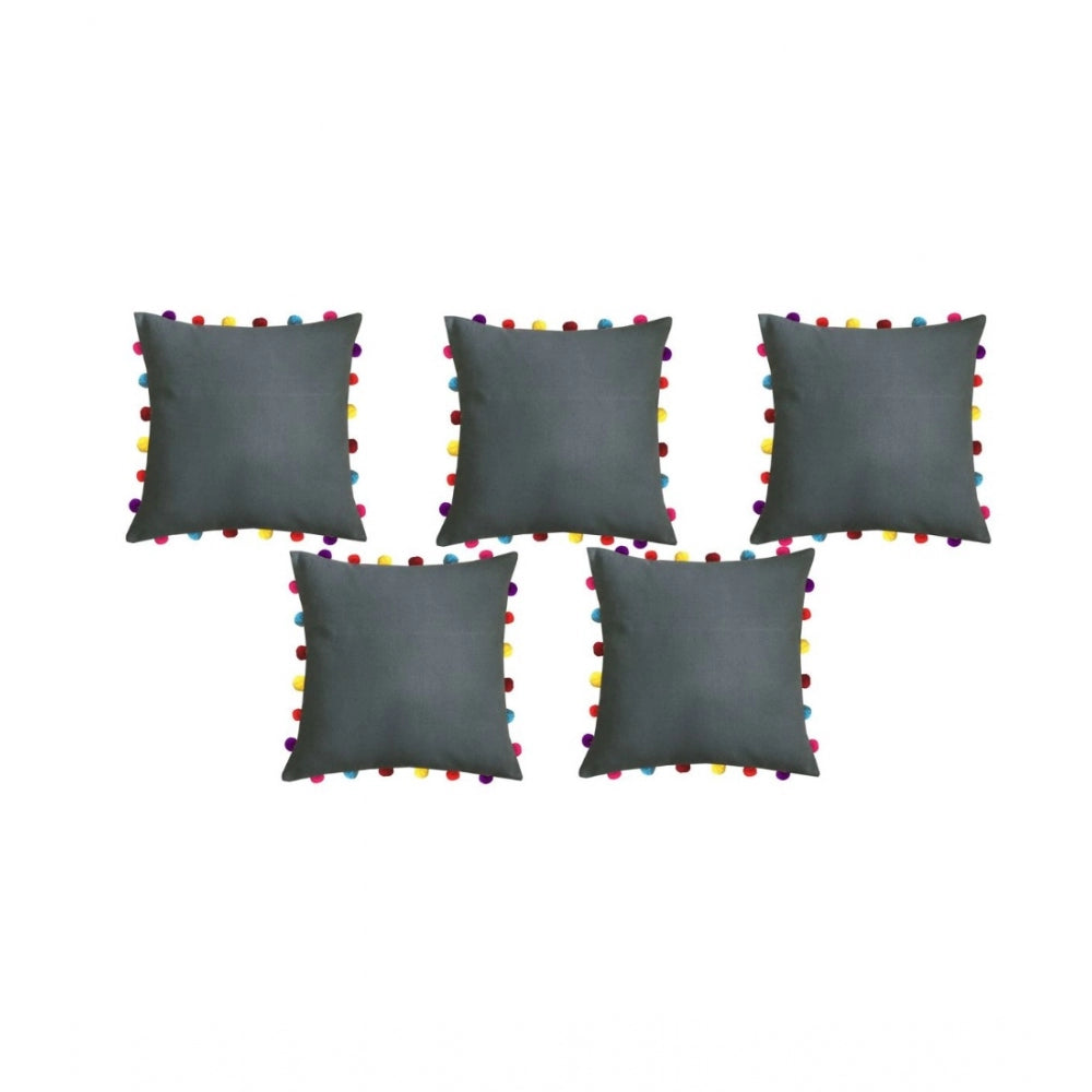 Amfyn Cotton Solid Pom Pom Cushion Covers (Grey, Size: 18x18 In)