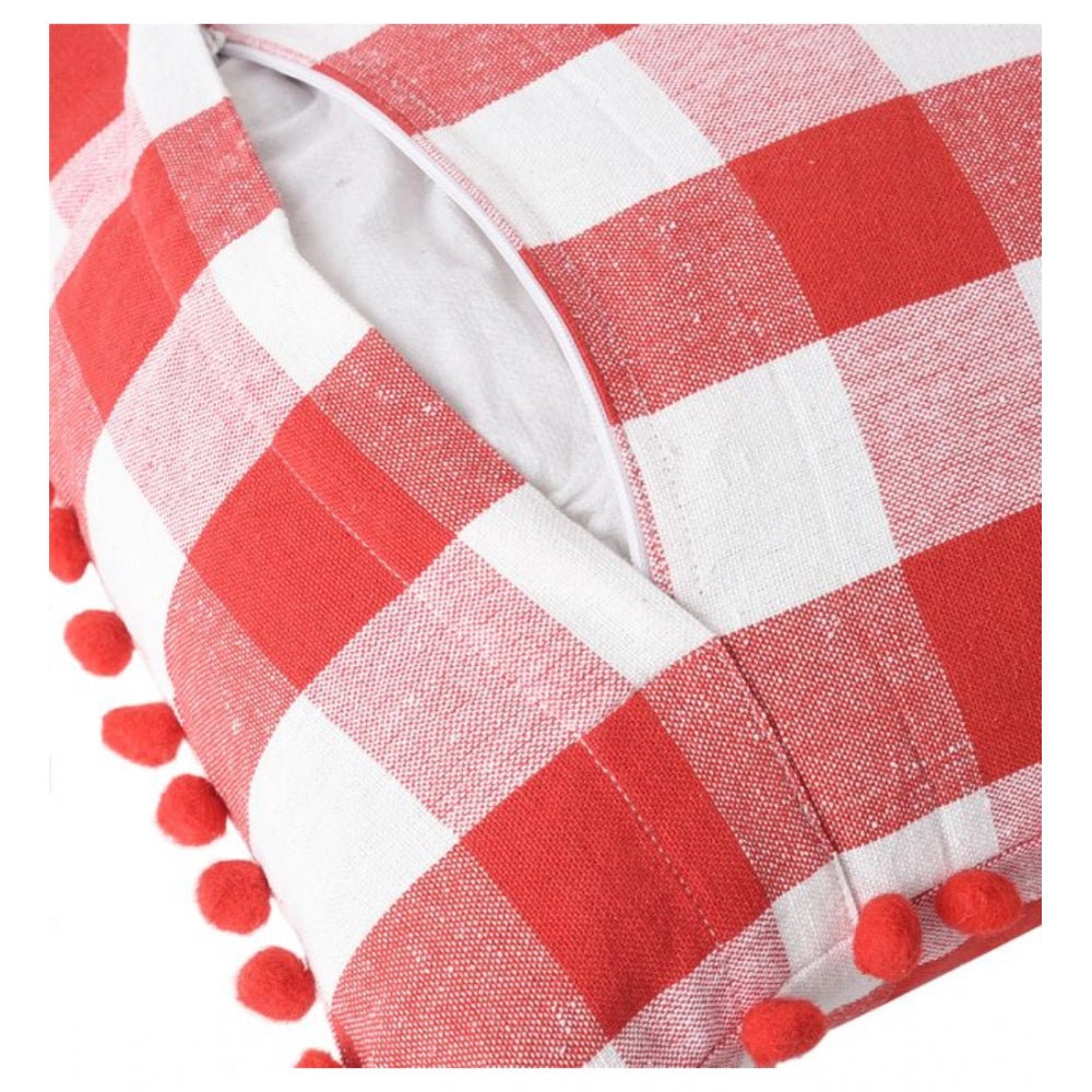 Amfyn Pack Of_2 Cotton Checkered Cushion Cover With Pom Pom (Red, Size: 12x20 In)
