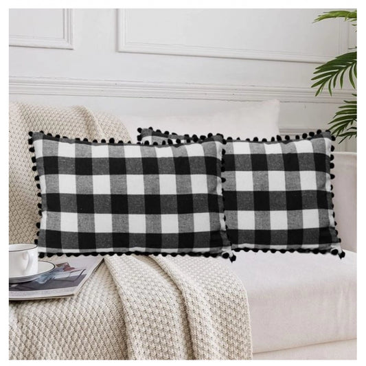 Amfyn Pack Of_2 Cotton Checkered Cushion Cover With Pom Pom (Black, Size: 12x20 In)