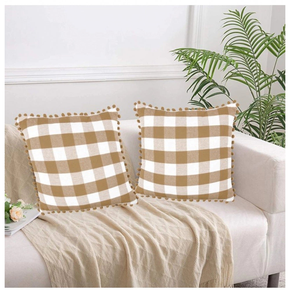 Amfyn Pack Of_2 Cotton Checkered Cushion Cover With Pom Pom (Beige, Size: 20x20 In)