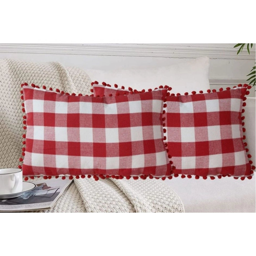 Amfyn Pack Of_2 Cotton Checkered Cushion Cover With Pom Pom (Red, Size: 12x20 In)