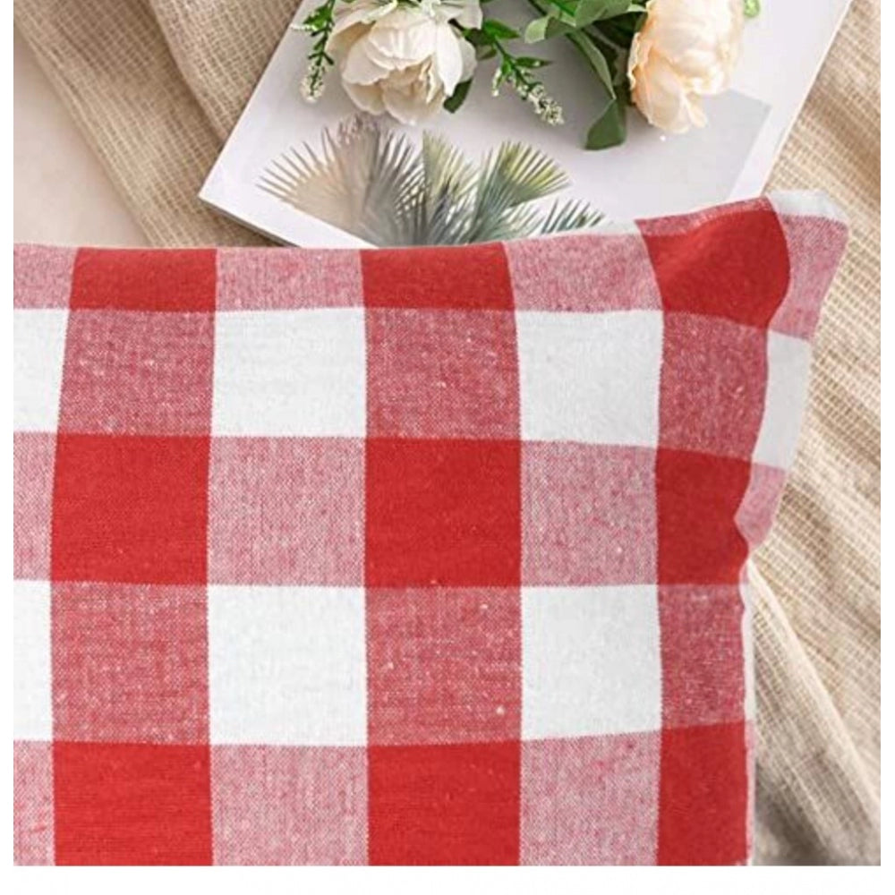 Amfyn Pack Of_4 Cotton Checkered Cushion Cover With Pom Pom (Red, Size: 20x20 In)