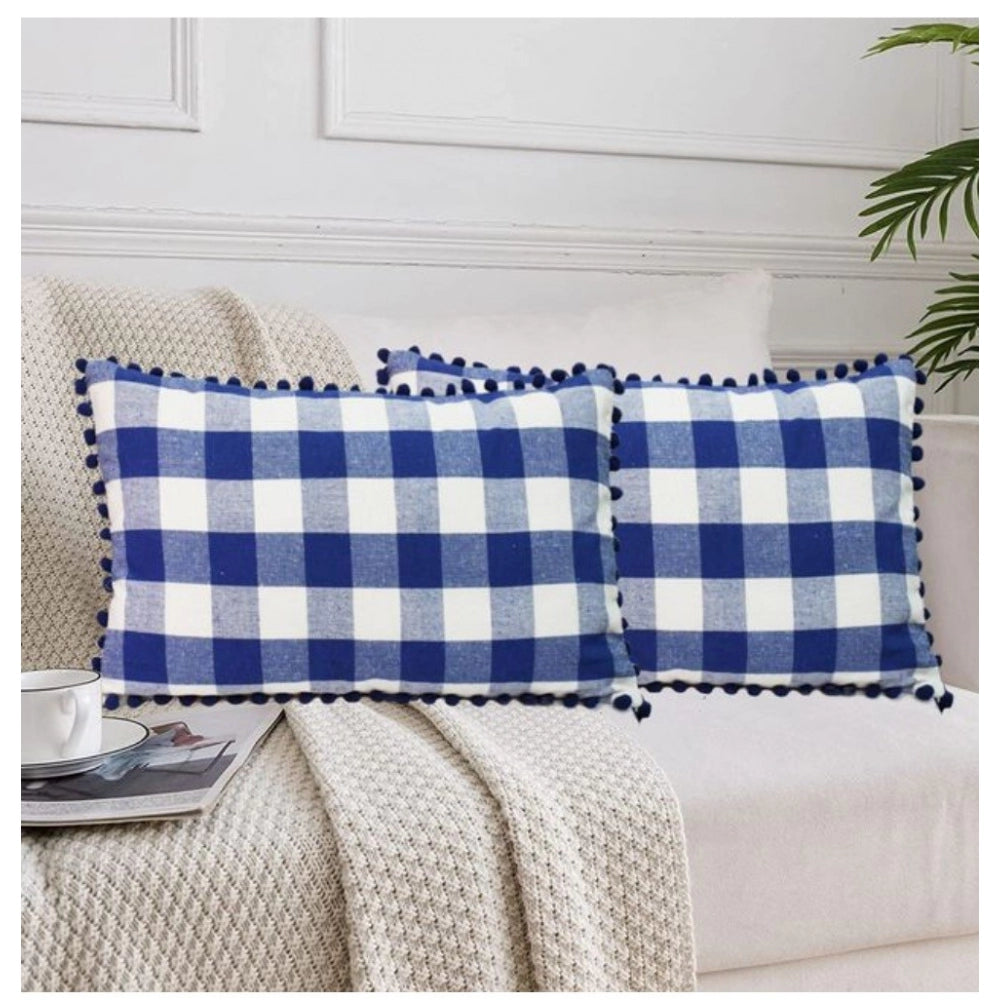 Amfyn Pack Of_2 Cotton Checkered Cushion Cover With Pom Pom (Blue, Size: 12x20 In)