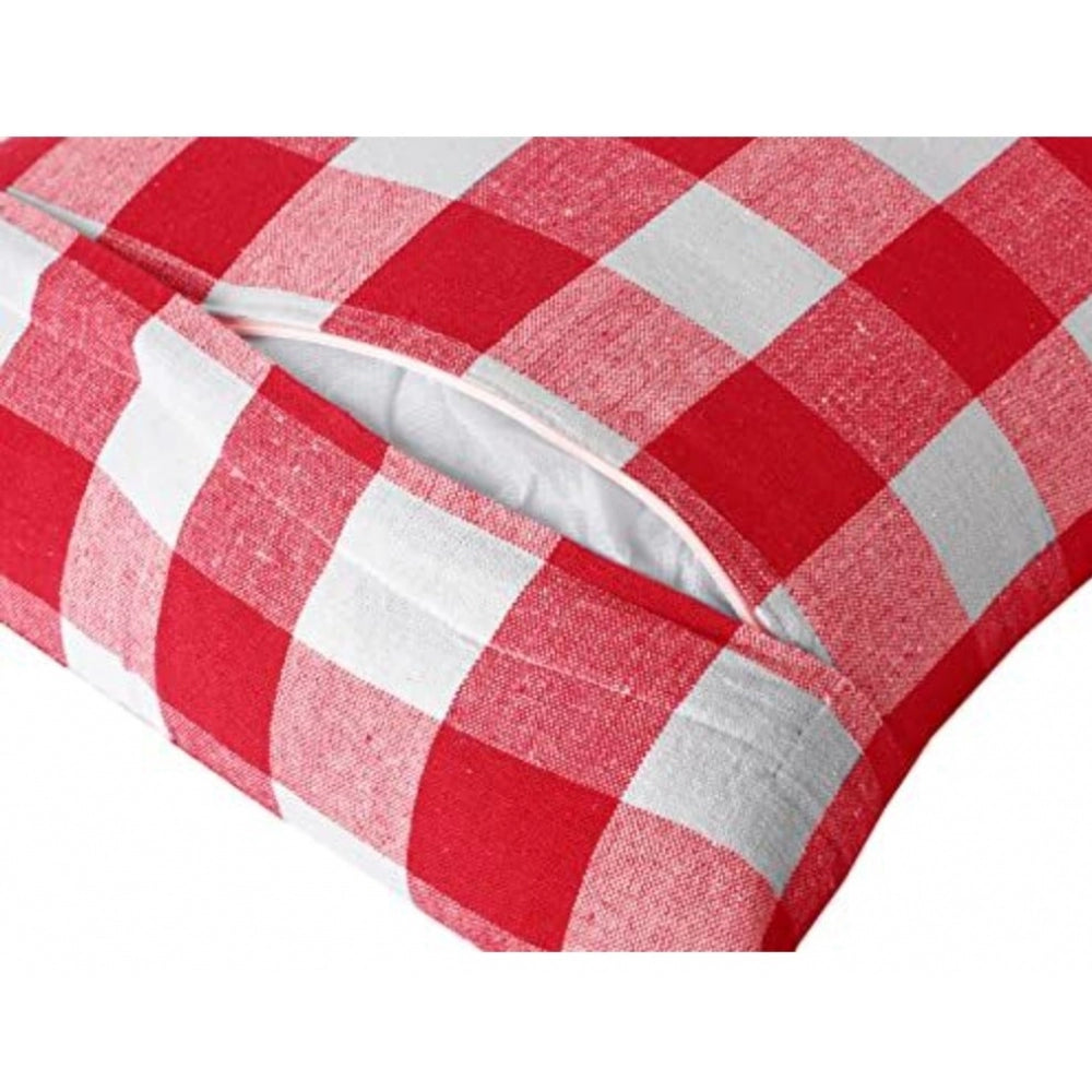 Amfyn Pack Of_4 Cotton Checkered Cushion Cover With Pom Pom (Red, Size: 20x20 In)