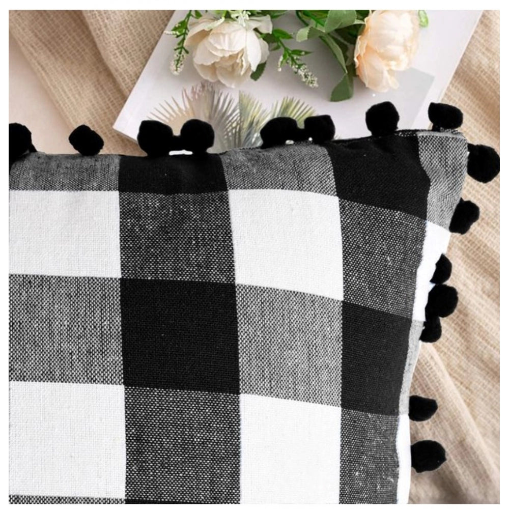 Amfyn Pack Of_2 Cotton Checkered Cushion Cover With Pom Pom (Black, Size: 18x18 In)