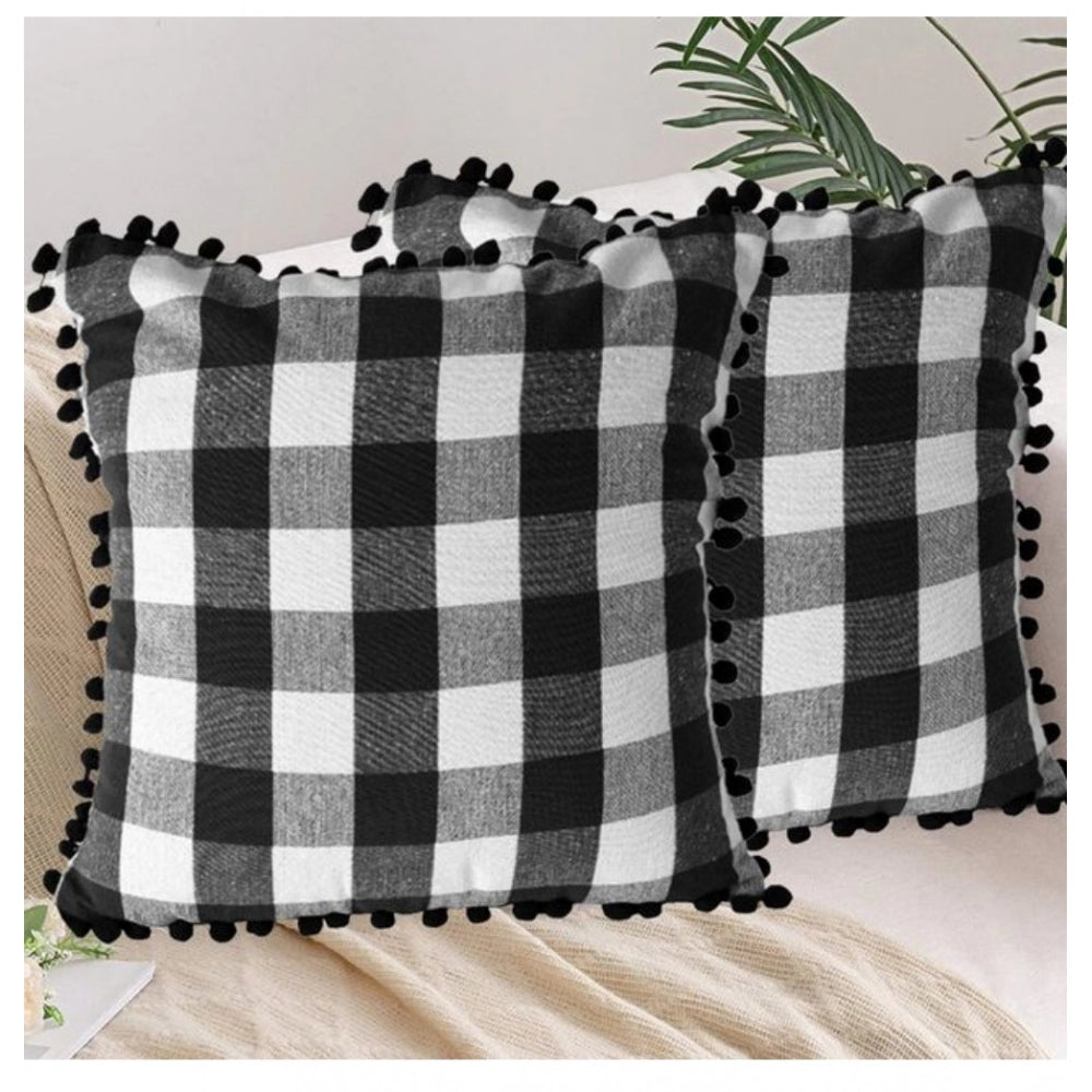 Amfyn Pack Of_2 Cotton Checkered Cushion Cover With Pom Pom (Black, Size: 18x18 In)