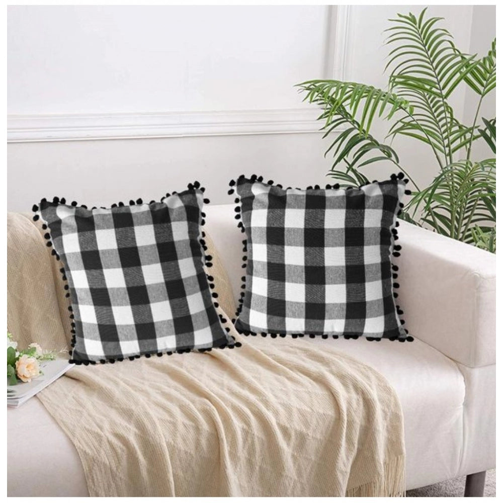 Amfyn Pack Of_2 Cotton Checkered Cushion Cover With Pom Pom (Black, Size: 18x18 In)