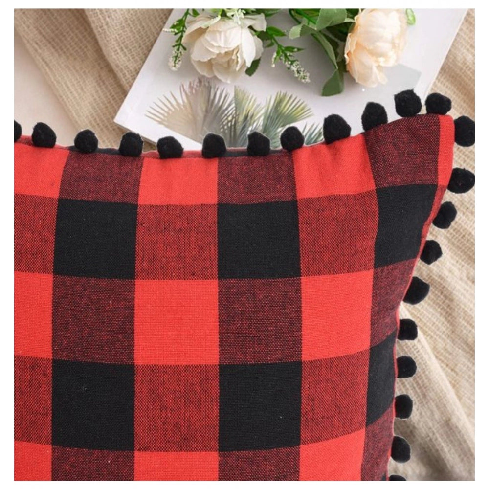Amfyn Pack Of_2 Cotton Checkered Cushion Cover With Pom Pom (Red &amp; Black, Size: 12x20 In)