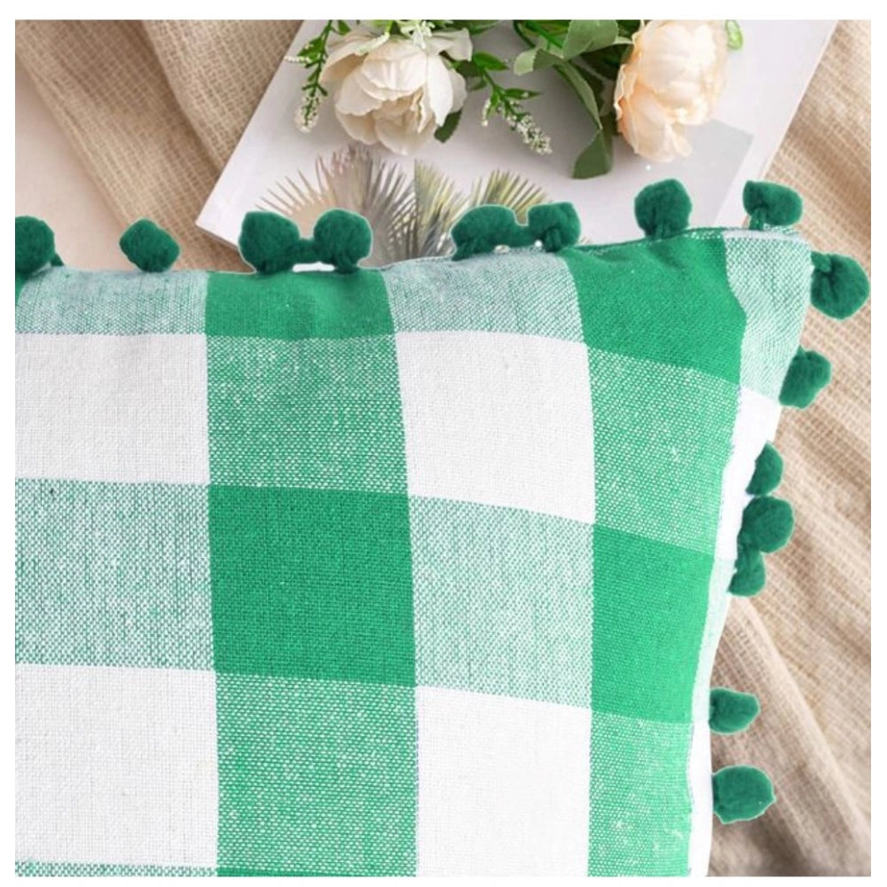 Amfyn Pack Of_2 Cotton Checkered Cushion Cover With Pom Pom (Green, Size: 12x20 In)