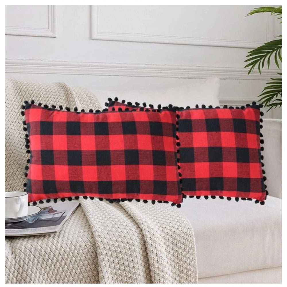 Amfyn Pack Of_2 Cotton Checkered Cushion Cover With Pom Pom (Red &amp; Black, Size: 12x20 In)