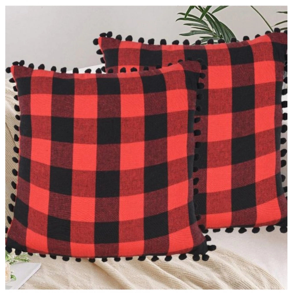Amfyn Pack Of_2 Cotton Checkered Cushion Cover With Pom Pom (Red &amp; Black, Size: 18x18 In)