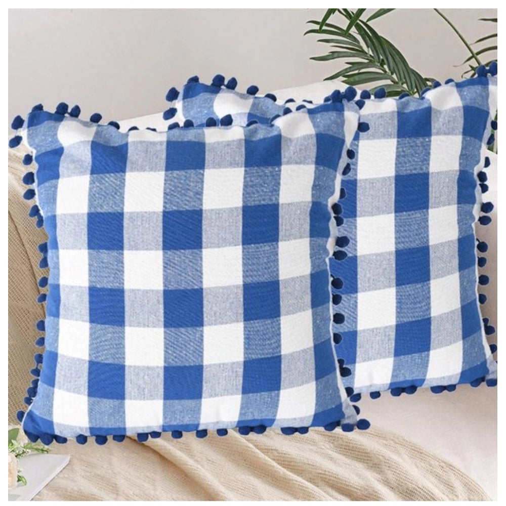 Amfyn Pack Of_2 Cotton Checkered Cushion Cover With Pom Pom (Blue, Size: 18x18 In)
