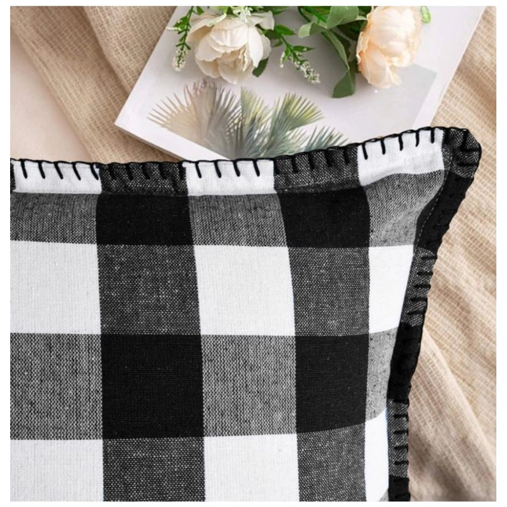 Amfyn Pack Of_2 Cotton Checkered Cushion Cover With Blanket Stitch (Black &amp; White, Size: 18x18 In)