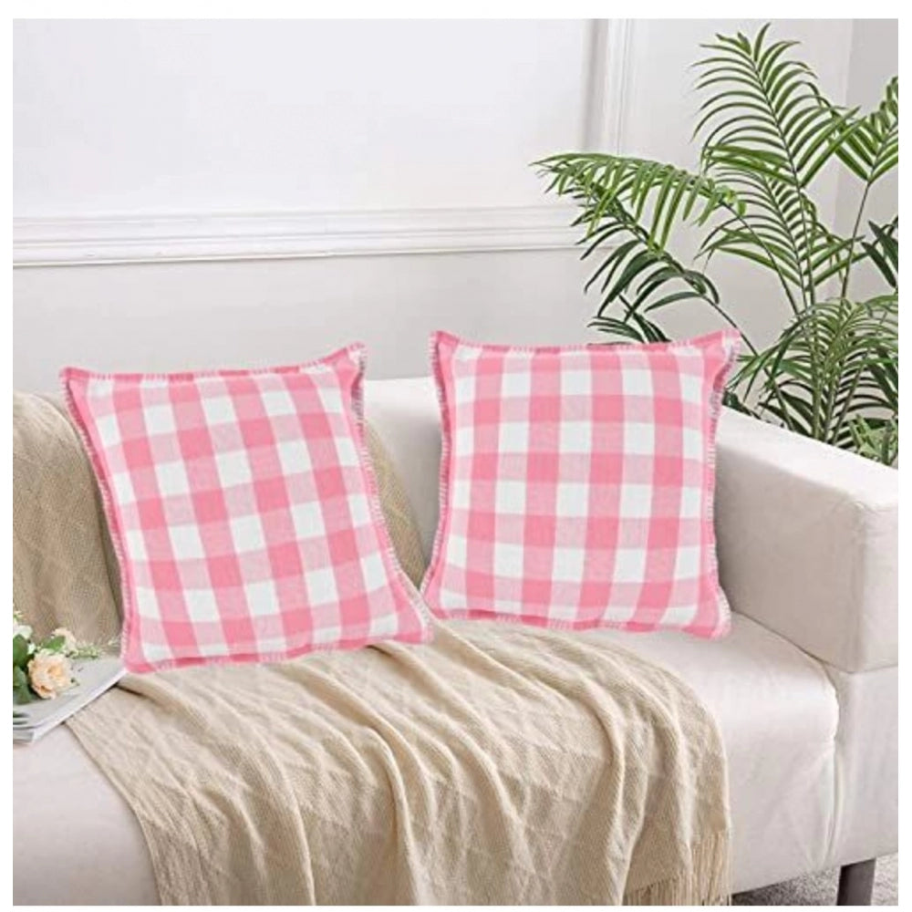 Amfyn Pack Of_2 Cotton Checkered Cushion Cover With Blanket Stitch (Baby Pink, Size: 16x16 In)