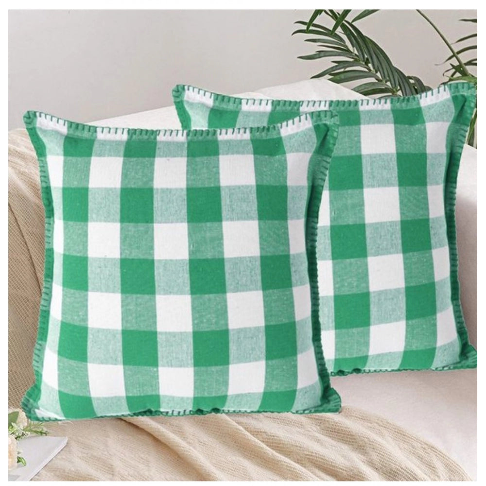 Amfyn Pack Of_2 Cotton Checkered Cushion Cover With Blanket Stitch (Green, Size: 18x18 In)