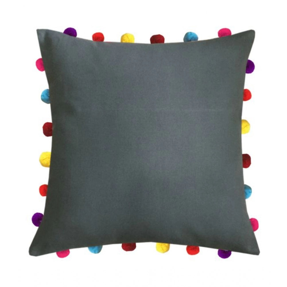 Amfyn Cotton Solid Pom Pom Cushion Covers (Grey, Size: 18x18 In)
