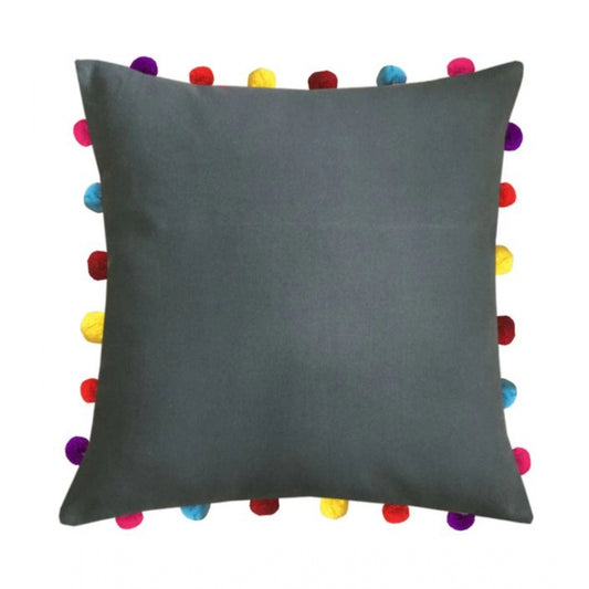 Amfyn Cotton Solid Pom Pom Cushion Covers (Grey, Size: 18x18 In)