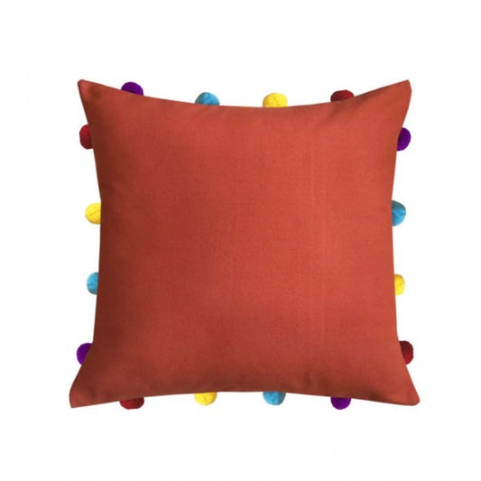 Amfyn Cotton Solid Pom Pom Cushion Covers (Orange, Size: 14x14 In)