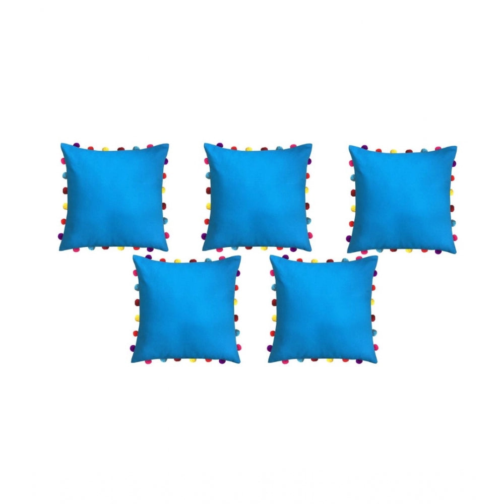 Amfyn Cotton Solid Pom Pom Cushion Covers (Blue, Size: 18x18 In)