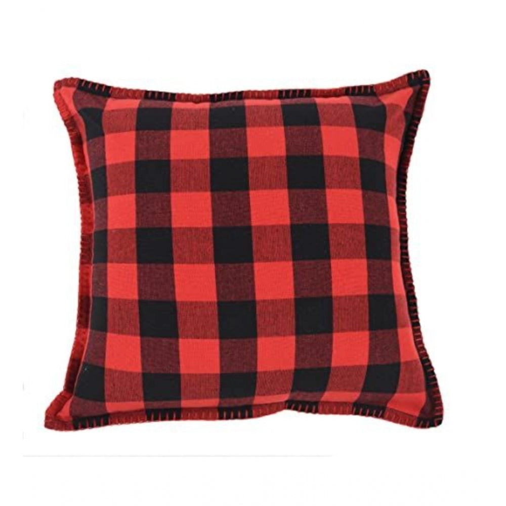 Amfyn Pack Of_2 Cotton Checkered Cushion Cover With Blanket Stitch (Red &amp; Black, Size: 24x24 In)