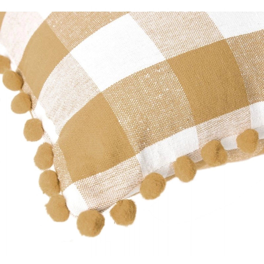 Amfyn Pack Of_2 Cotton Checkered Cushion Cover With Pom Pom (Beige, Size: 20x20 In)