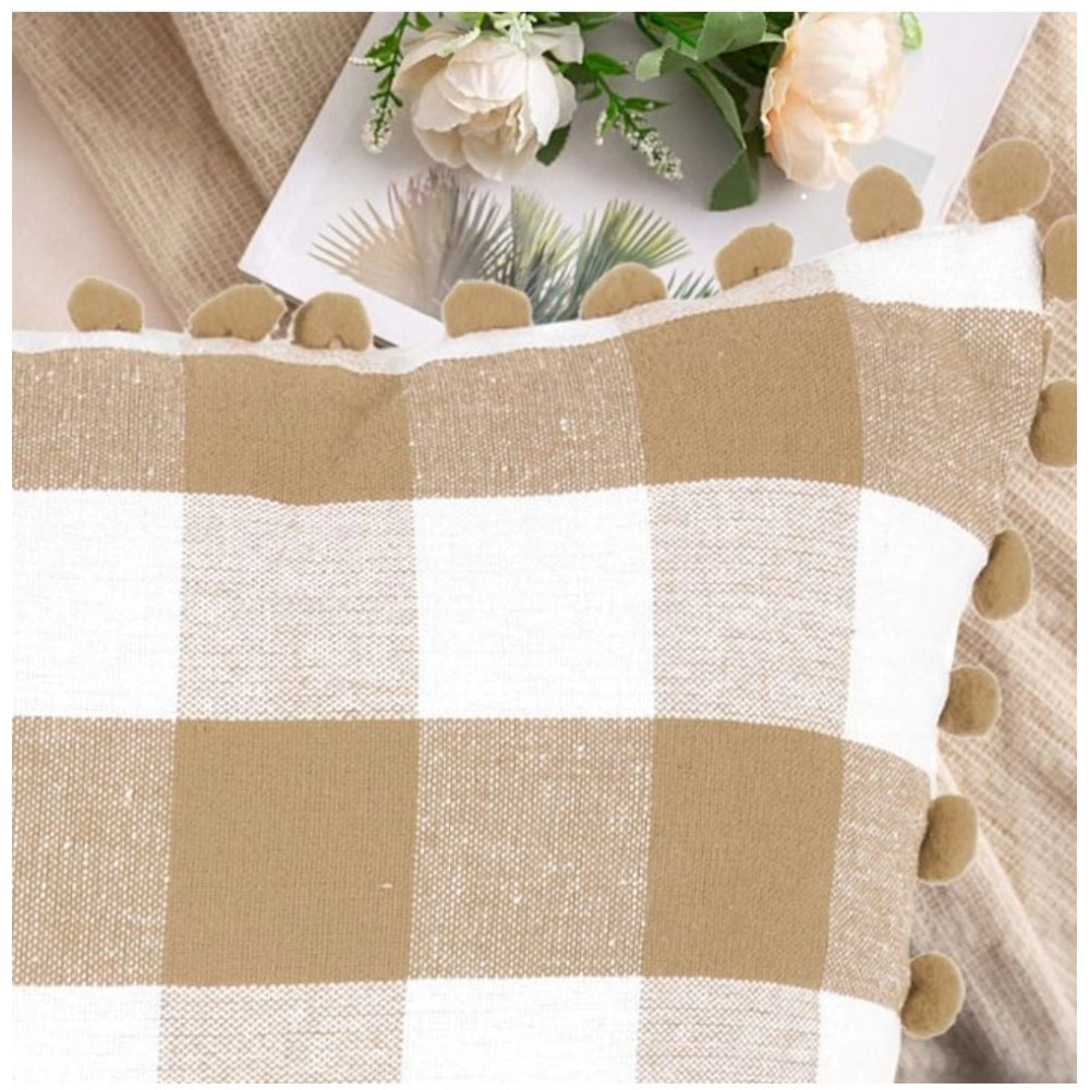 Amfyn Pack Of_2 Cotton Checkered Cushion Cover With Pom Pom (Beige, Size: 20x20 In)