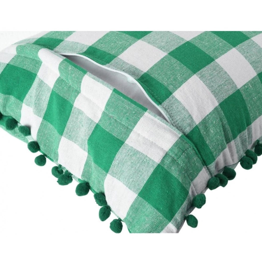 Amfyn Pack Of_2 Cotton Checkered Cushion Cover With Pom Pom (Green, Size: 12x20 In)