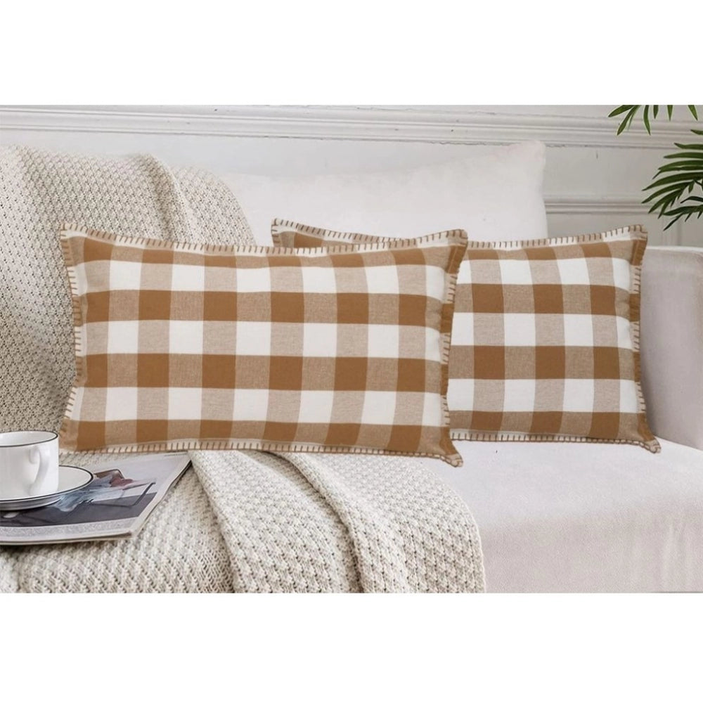 Amfyn Pack Of_2 Cotton Checkered Cushion Cover With Blanket Stitch (Beige, Size: 12x20 In)