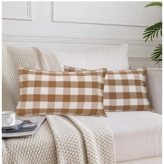 Amfyn Pack Of_2 Cotton Checkered Cushion Cover With Blanket Stitch (Beige, Size: 12x20 In)