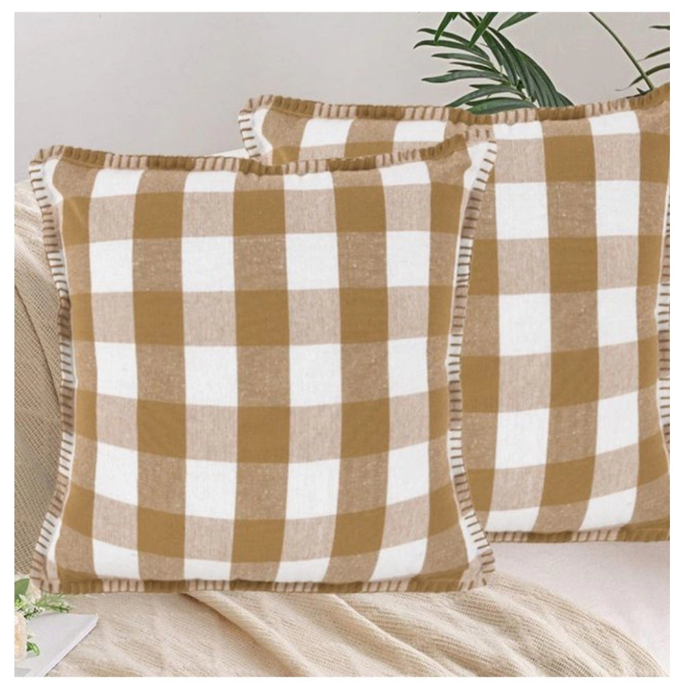 Amfyn Pack Of_2 Cotton Checkered Cushion Cover With Blanket Stitch (Beige, Size: 24x24 In)